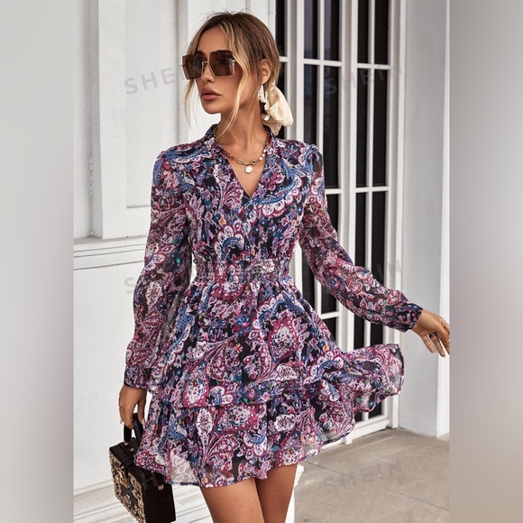 5 for $25! 💕 SHEIN Privé All Over Print Notched Neck Ruffle Hem Dress - Picture 1 of 7